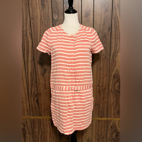 J Crew Boathouse Pink/white Stripe Short Cap Sleeve W/pockets Mini Dress Sz 10 - Picture 1 of 7